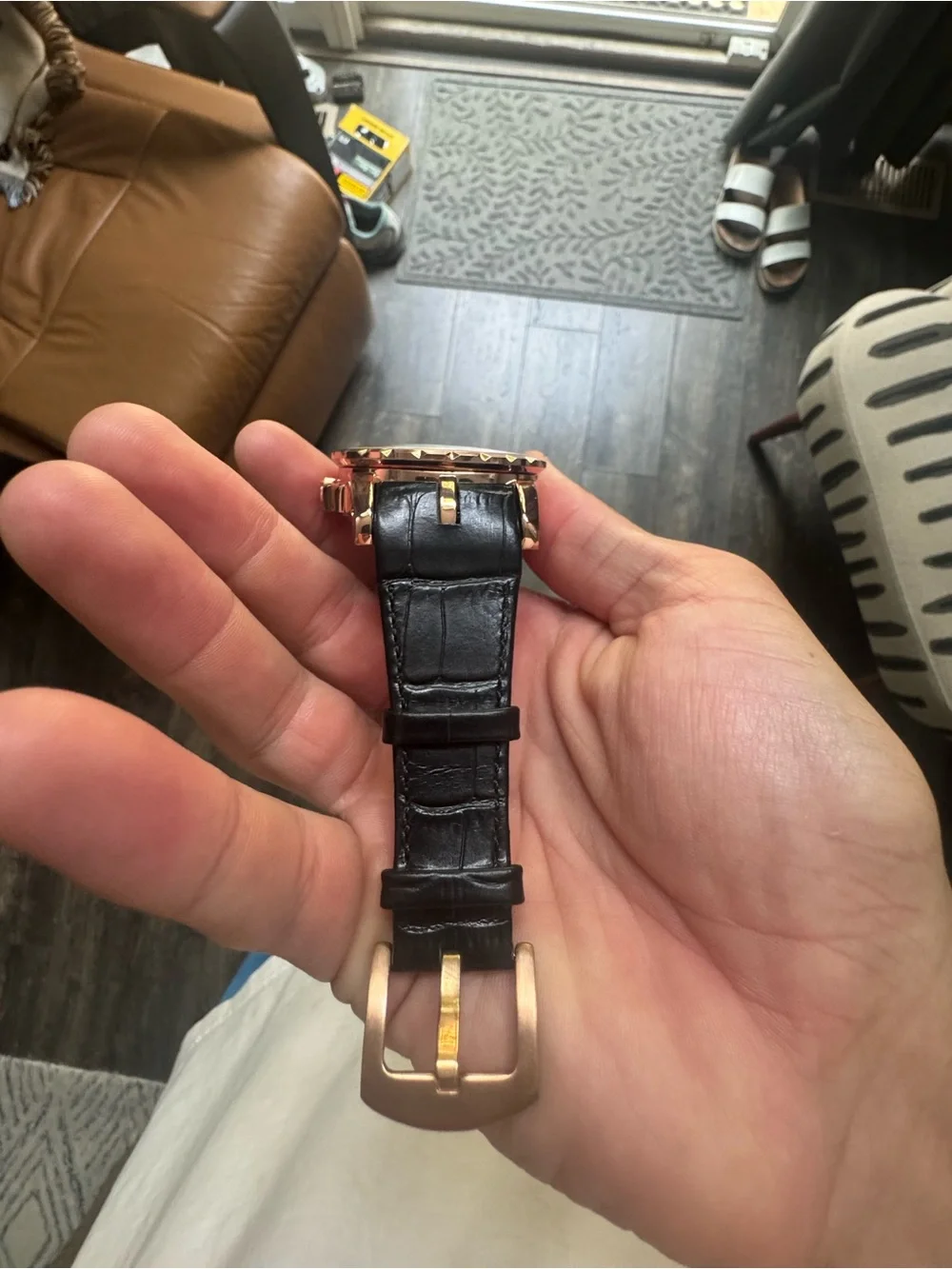 Men's Rose Gold Mechanical-Style Watch with Black Strap